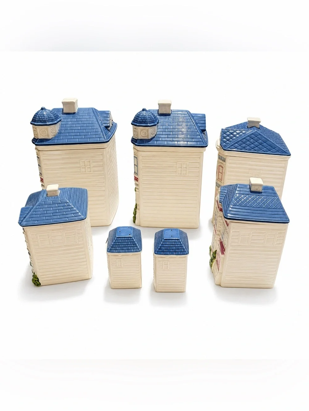 Vintage 1988 Hearth & Home Ceramic House Canister Set Blue Pink 7 Piece Kitchen